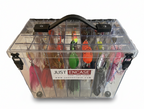 Clear fishing lure case with various colorful lures inside, branded 'Just Encase'.